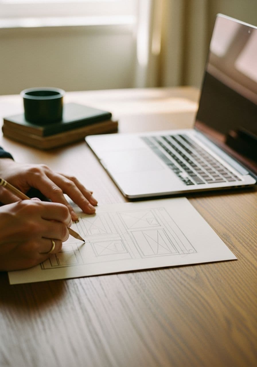 Banco di lavoro dell'officina: schizzo a matita della struttura di un sito accanto a un laptop