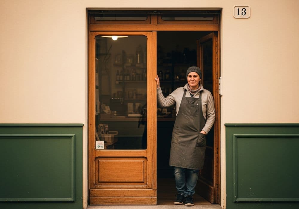 Titolare di una piccola attività italiana sulla soglia del proprio locale